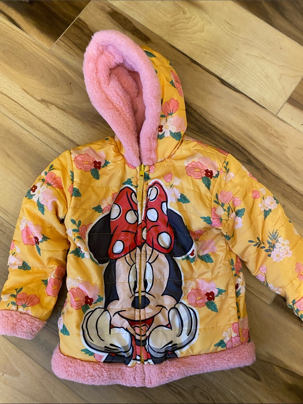 Reversible Yellow Floral Minnie Mouse Puffer Jacket with Pink Sherpa Trim
